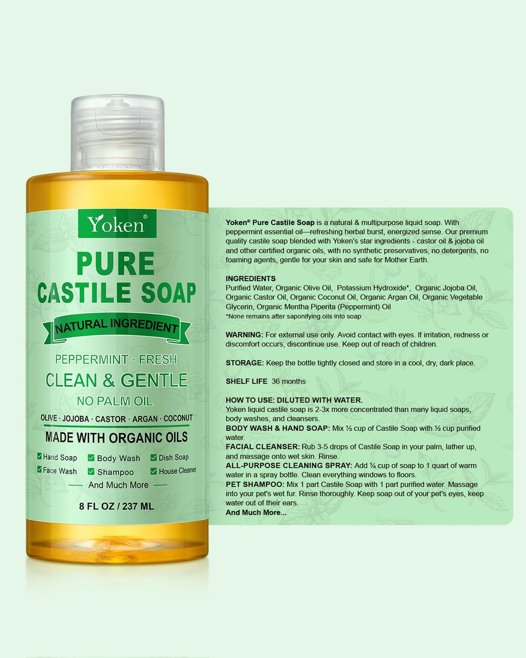 Yoken Peppermint Castile Soap Liquid 8 OZ, Made with Certified Organic Oils, Gentle Peppermint Soap for Body Wash, Face, Hands, Dishes, Laundry & More - Vegan & Natural Ingredients Versatile Cleanser