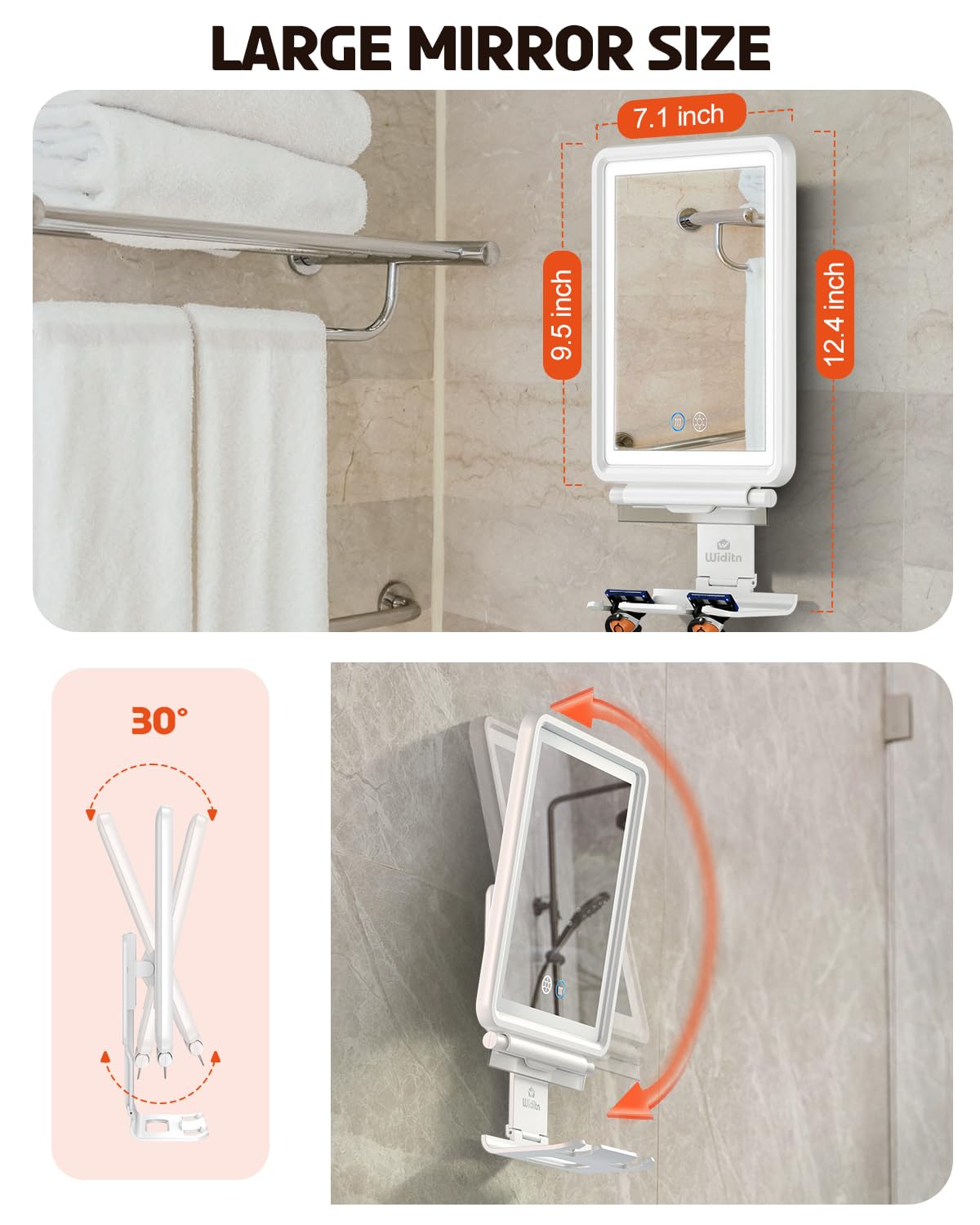 Widitn Heated Shower Mirror Fogless for Shaving, 3 Color Dimmable Lights Shower Mirror Fogless, Rechargeable Anti-Fog Shaving Mirror with Razor Holder, Storage Tray, Squeegee