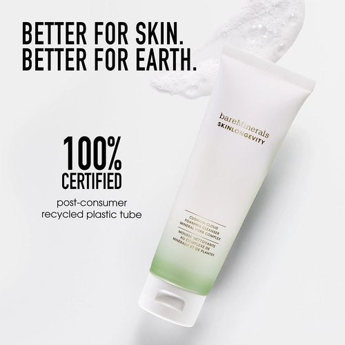 bareMinerals Skinlongevity Face Cleanser, Cream-to-Foam Cleanser with Mineral Herb Complex, Removes Makeup & Sunscreen, Gentle for All Skin Types, Vegan, Cruelty-Free & Dermatologist-Tested