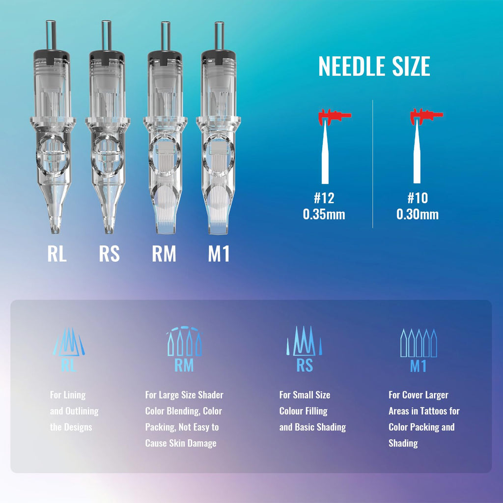 YILONG Assorted Tattoo Needles Cartridge - 50pcs Mixed Size Round Liner Shader Magnum - 5 Pcs each of 3RL，5RL，7RL，9RL，5RS，7RS，9RS，9RM，11RM，7M1 Disposable Membrane Tattoo Needles for Tattoo Gun Machine