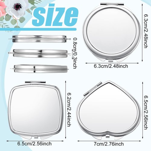 Jetec 12 Pcs Sublimation Blanks Products Small Compact Mirror Bulk Heat Transfer Folding Pocket Makeup Mirror Heart Round Square Double Sided Handheld Sublimation Mirror for Women Gift Purse Travel