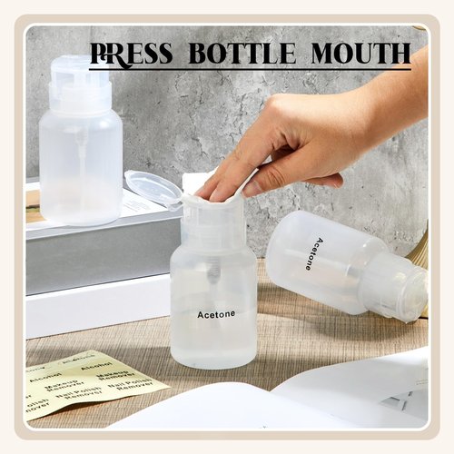 Layhit 3 Pack 6.8 oz (200ml) Push Down Lockable Pump Dispenser Bottle with Stickers, Alcohol Push Down Empty Refillable Container for Nail Polish Remover, Alcohol & Makeup Remover (Clear Top Cap)