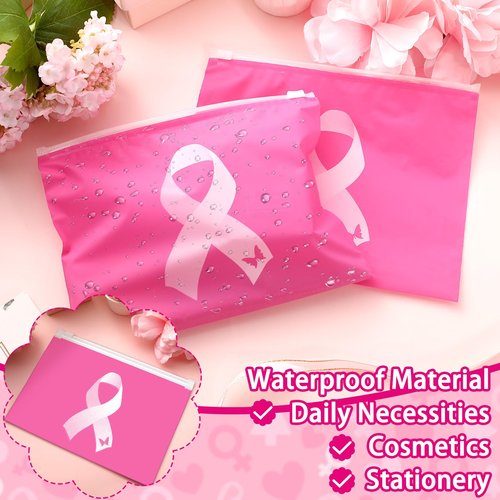 100 Pieces Breast Cancer Awareness Makeup Bags Bulk Pink Ribbon Cosmetic Pouches Breast Cancer Survivor Gifts for Woman Girls Multi Purpose Zipper Eva Waterproof Toiletry Pouch Bags (Classic Style)