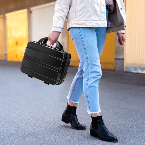Acshio Mini Hard Shell Cosmetic Travel Case, 12 Inch Small Portable Makeup Train Case with Elastic Band Handle, Pressure-proof ABS Carrying Suitcase Toiletry Box for Travel, Camping, Black