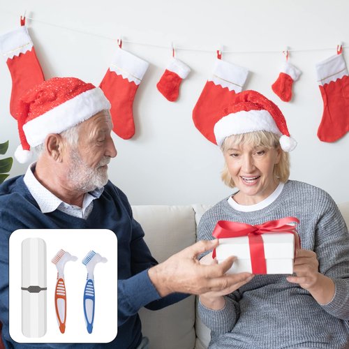 Geodurn Denture Brush, 2 Pieces False Teeth Toothbrush with White Carrying Case, Green and Purple Multi-Layered Bristles with Ergonomic Rubber Handle for Dentures Cleaning