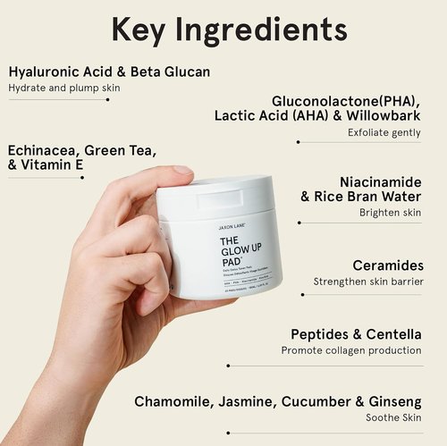**THE GLOW UP Rice Toner Pads - Daily Exfoliating Facial Pads with Centella, AHA, PHA & Niacinamide for Brightening & Acne Care**