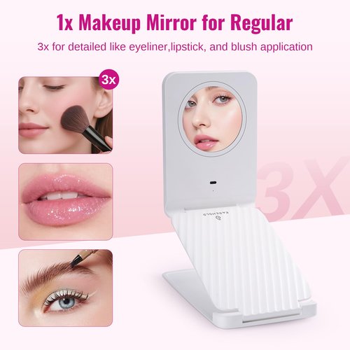 EASEHOLD Lighted Travel Makeup Mirror with 72 Light,1X/3X Magnification,Rechargeable Dimmable Touch Screen,Foldable Adjustable Height & Angle, Compact Magnifying LED Mirror for Women Teens