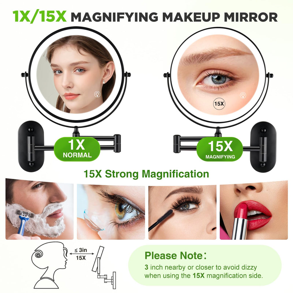 VORREMIRR Wall Mounted Makeup Mirror: 1x/15x Magnifying Mirror with 8.5" Double Sided, Vanity Makeup Mirror for Bathroom, Brush Black
