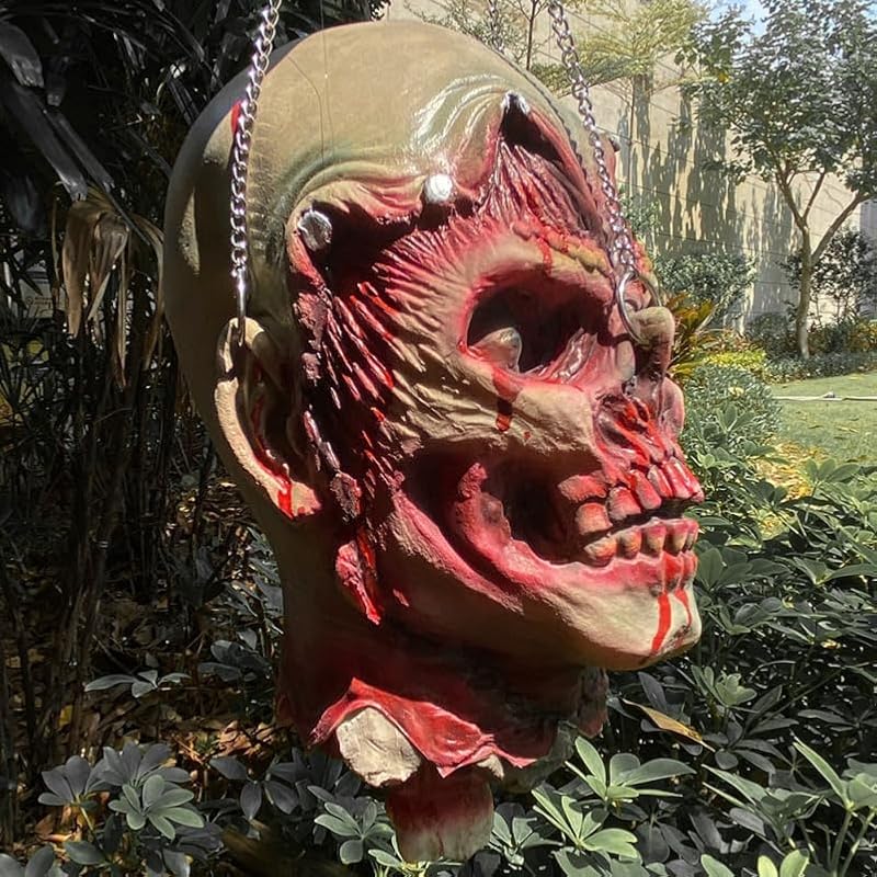 Realistic Hanging Severed Zombie Head Prop for Halloween Decorations