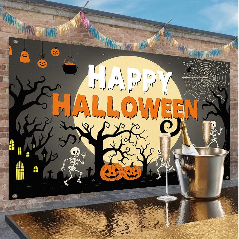 Halloween Banner 71x43 Inch Fabric Backdrop with Skeletons Pumpkins Haunted House MulticolorB76