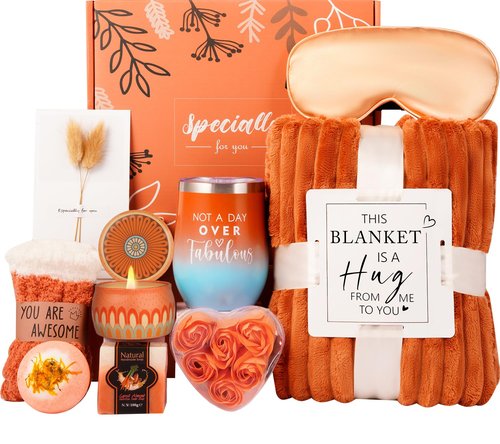 Mom Valentines Day Gifts Cozy,Orange Relaxing Gifts Basket for Women Grandma Girlfriend Her Sister Wife Birthday,Self Care Get Well Spa Care Package w/Blanket,Valentines Gifts for Her Women Mom Wife