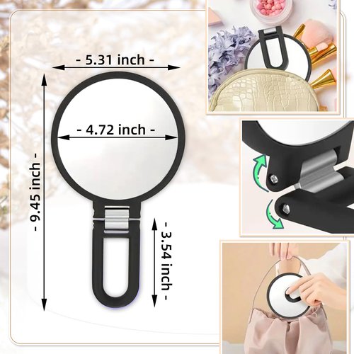 Novadex 1x 15x Travel Magnifying Mirror Hand Held Vanity Mirror, Compact 2-Sides Folding Magnification Hand Mirror with Handle for Women 360°Rotating Handle Table Desk Small Make Up Mirrors (Black)