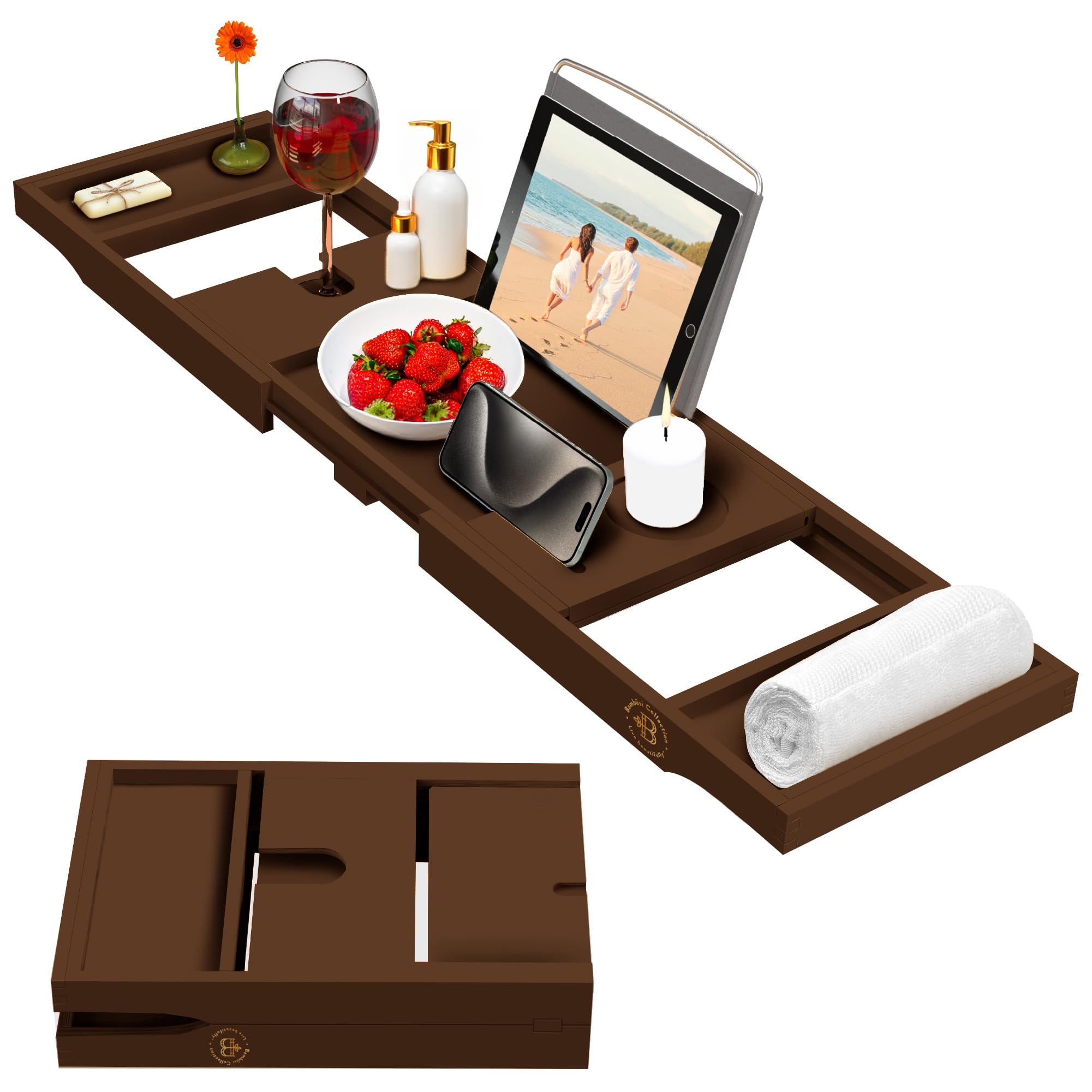Wooden Bathtub Tray - Foldable & Expandable Bamboo Bath Tray for Tub with Wine Holder, Book & Tablet Stand - Bath Caddy Tray for Bathtub, Spa Bath Accessories, Tub Tray Table, (Brown)