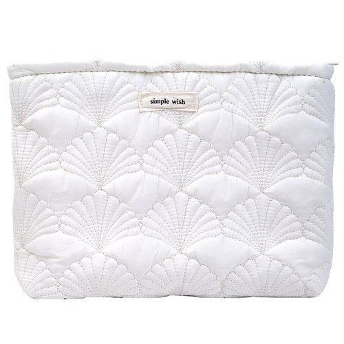 Sarrany White Quilted Makeup Bag, Cute Make Up Bag Organizer whith Shell Pattern, Cotton Cosmetic Bag for Women & Girls, Canvas Lined Pouch, Coquette Organizer purse(White Shell Medium)