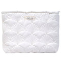 Sarrany White Quilted Makeup Bag, Cute Make Up Bag Organizer whith Shell Pattern, Cotton Cosmetic Bag for Women & Girls, Canvas Lined Pouch, Coquette Organizer purse(White Shell Medium)
