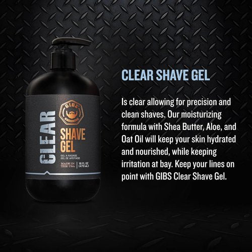 GIBS Grooming Clear Shave Gel - Moisturizing Formula with Shea Butter & Aloe | 16oz Pump
