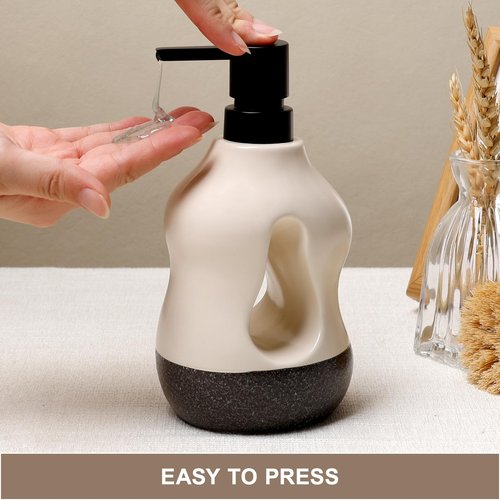 BosilunLife Ceramic Soap Dispenser - Soap Pump Dispenser Bathroom Kitchen Modern Farmhouse Elegant Refillable Soap Dispenser Lotion Hand Pump Dispenser for Kitchen Sink (Beige with Black Base, 15oz)