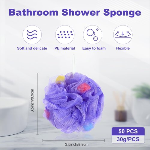 CHENGU 50 Pack Loofah Sponge Bath Sponge Shower Loofah Mesh Shower Ball Bath Pouf Wash Body Puff for Women Men, 30 g (Multicolor,Stylish)