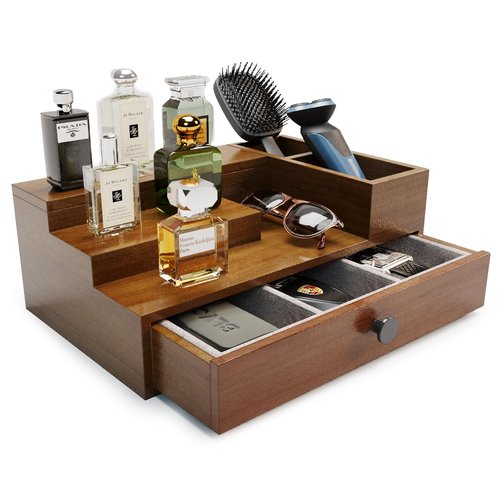 UUyuality Pine Wood Cologne Stand Organizer for Men, 3 Tier Cologne Display Shelf Organizer with Hidden Compartment and Velvet Lining Drawer, Perfume Display Holder (Brown, 01)