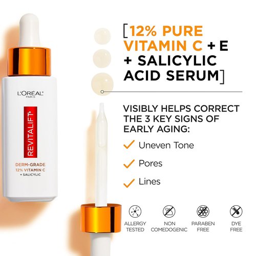 L'Oreal Paris Revitalift 12% Pure Vitamin C Serum - Brightening Face Serum with Vitamin E & Salicylic Acid, 1 oz