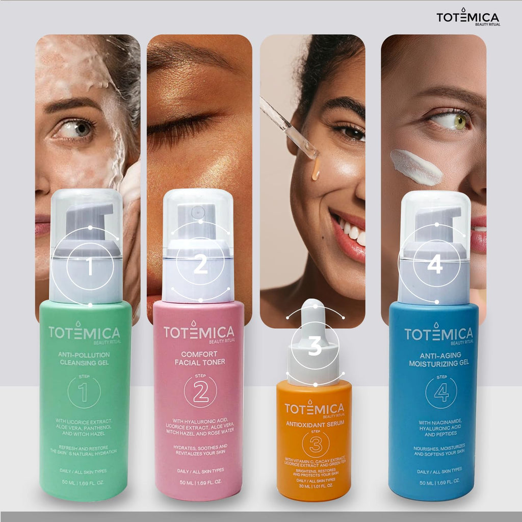 TOTEMICA Skin Care Set | 4-Step Ritual Kit for Dry Skin - Cleanser, Toner, Serum & Moisturizer - Vegan & Cruelty-Free