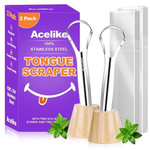 Acelike Tongue Scraper for Adults with 2 Holder and 2 Travel Case, Metal Tongue Scraper for Tongue Cleaning and Reducing Bad Breath,100% Stainless Steel Tongue Scraper, Tongue Cleaner for Adults