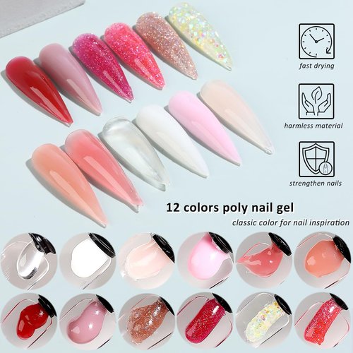Fcozpjk Poly Gel Nail Kit with UV Light, 12 Colors Builder Gel Nail Extension Kits for Beginners with Everything, Dual Nail Forms Slip Solution Chunky Glitter Poly Gels Nails Art Design Starter Set