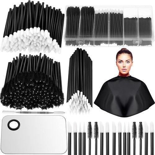 Maitys 260-Piece Disposable Makeup Tools Kit - Eyeliner Brushes, Lipstick Applicators & Organizer Box - Waterproof Cape & Stainless Steel Palette (Black)