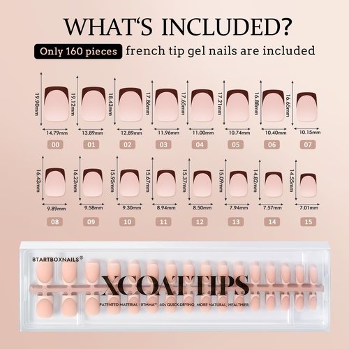 BTArtboxnails XCOATTIPS Press on Nails - French Tip Press on Nails Short Square, Skin Tones Soft Gel Nails False Nail Tips, Soak Off Acrylic Nails Extensions