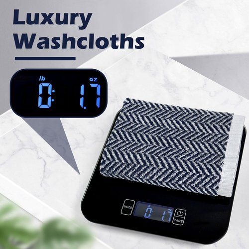 Cleanbear Wash Cloths for Showering with Striped Herringbone Patterns, 12 Cotton Washcloths for Bathroom, Large 13 X 13 Inches, Navy-Blue