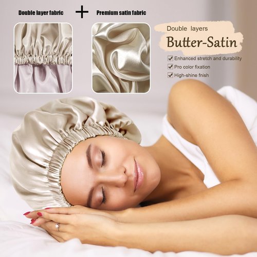 Doitory Bonnet for Sleeping Women & Men, Double Layer Silk Bonnet, Soft Satin Lined Hair Bonnets Sleep Shower Cap for Natural & Curly Hair(Champagne)