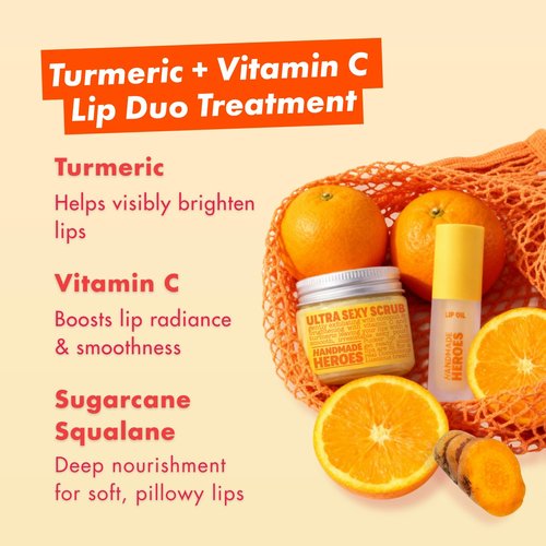 Handmade Heroes Turmeric Lip Scrub & Vitamin C Lip Oil – 100% Natural, Vegan Lip Care Set for Dry, Dark, Dull Lips – Brightening & Nourishing Treatment Duo