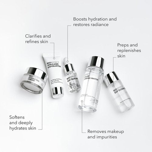 BIOEFFECT Age-Defying EGF Skincare Set - Travel Kit with Serum, Hydrating Cream, Toner & Cleanser