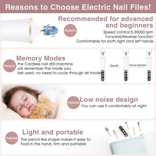 Professional Manicure Pedicure Kit, Cordless Electric Nail Drill with 360° LED light&10 Speeds, Rechargeable Pedicure Tools for feet, Hand Foot Care Nail Drill for Thick Nail Toenail Cuticle Women Men