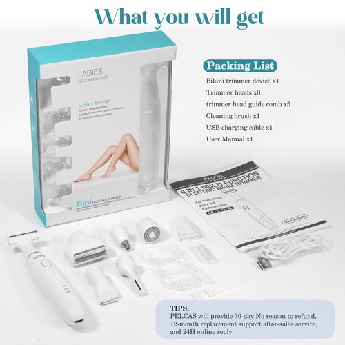 PELCAS Bikini Trimmer for Women Kit 6 in 1 Electric Shaver, Cordless Razors, Nose Hair Trimmer, Shaver for Women & Men Pubic Hair, Private Area, Legs, Face, Nose, Eyebrow, Body Hair Removal