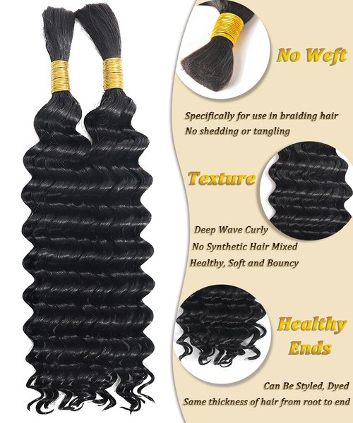 Beauty Youth Human Hair Braiding Hair Deep Wave Bulk Micro Braids Knotless for Black Women,20 Inch, 100g, No Weft, 13A Brazilian Virgin Human Hair, 2 Braids Per Pack - Natural Boho Style