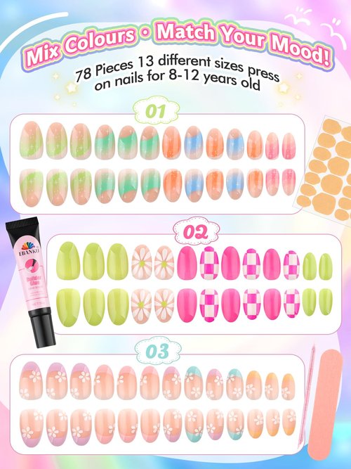 78 Pcs Press on Nails for Kids, Kalolary Fake Nail for Girls Set with Jelly Nail Adhesives & Nail Builder Glue, Full Cover Short Acrylic Nails for Girls Gifts