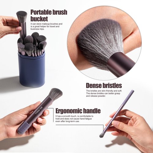 BS-MALL 21 Pcs Professional makeup brush set with foundation brush for liquid Makeup, eyeshadow Brush, concealer brush - Includes 6 Triangle Puffs & case for Even, Multi-purpose application (Purple)