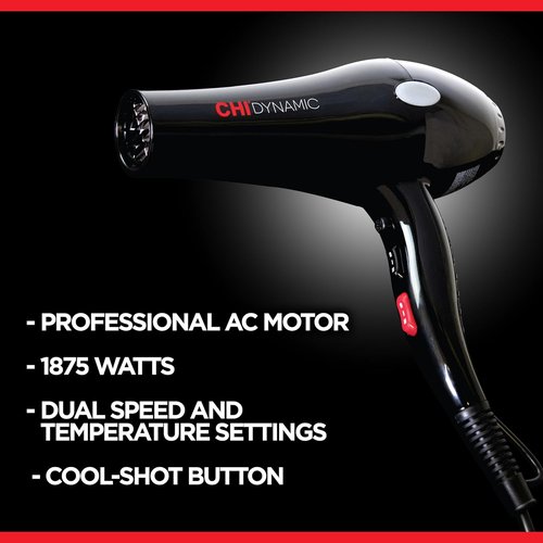 CHI Dynamic Hair Dryer - Smooth & Voluminous Blow Dryer with Comb Attachment & Nozzle | Low Noise Design
