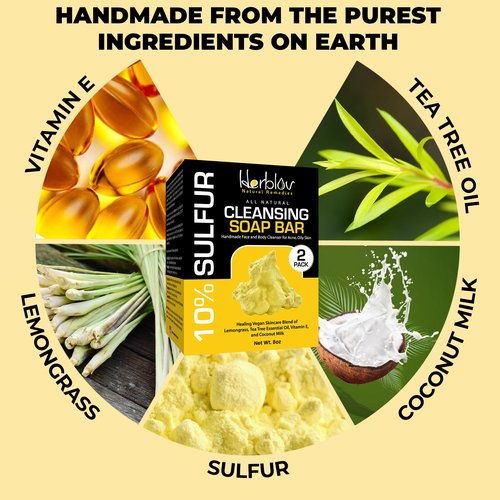 Cleansing 10% Sulfur Soap Bar for Face & Body – Natural Shine Control Facial Cleanser for Acne, Oily Skin – Made in USA Healing Skincare Wash with Lemongrass, Tea Tree Oil, Vitamin E, Coconut Milk
