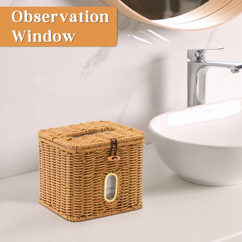 Hordely Facial Clean Skin Club Face Towels Holder for Bathroom, Plastic Rattan Disposable Face Towel Holder, Farmhouse Style for XL Face Towels Box Basket with Lid, Light Brown