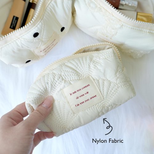 Sminra White Makeup Bag Small Nylon Cotton Quilted Cosmetic Makeup Bag Organizer, Aesthetic Floral Waterproof Portable Pouch Purse Toiletry Bag for Women Girls Travel accessories (White Lace-S)