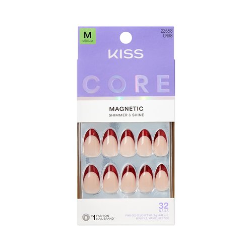 KISS CORE, Press On Nails, Nail glue included, 'Glistering', Red, Medium Size, Almond Shape, Includes 32 Nails, 2g Glue, 1 Manicure Stick, 1 Mini File