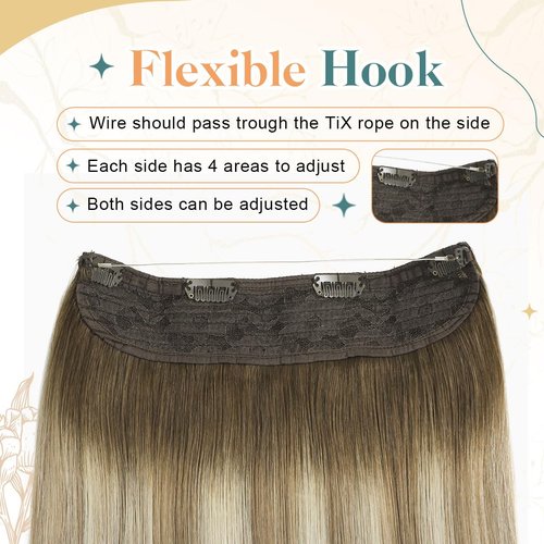 Sindra Wire Hair Extensions Real Human Hair 3/8/22 Balayage Walnut Brown to Light Brown With Blonde Invisible Wire Hair Extensions Transparent 14inch 70g Seamless Fish Line Hairpiece for Women