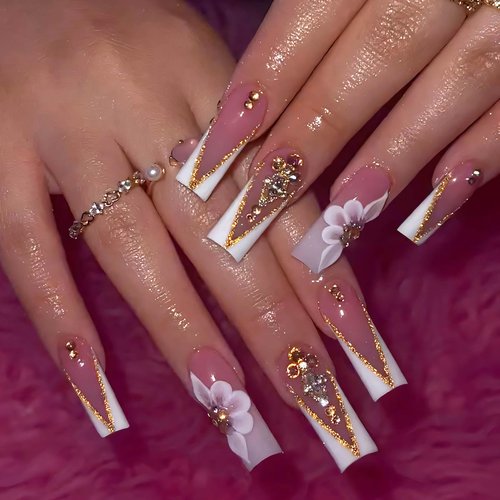 QQPPOLIU Nail Press Ons - French, Nude, Flower & Rhinestone Designs - Long, Medium, Coffin, Square, 3D, Glitter, Fake Nails - 24pcs