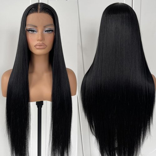 MITIMES 32inch Long Straight Lace Front Wigs Natural Black Glueless Straight Hair Lace Front Wig Pre Plucked Synthetic HD Lace Front Wig For Black Women