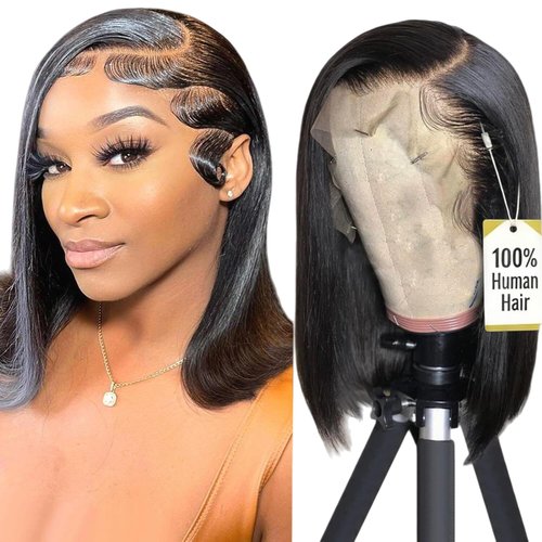 Rnsnwiee Short Bob Wig Human Hair Straight 13x4 Frontal HD Transparent Lace Front Wigs 100 Percent Real Human Hair Black Bob Wig for Women Pre Plucked 180% Density Natural Color 10 Inch