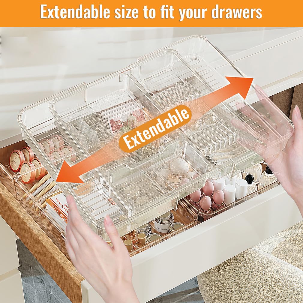 Wi4you Expandable Drawer Organizer Tray from 11” to 19.1”, Adjustable Silverware in Drawer Holder, Clear Plastic Drawer Storage with Sliding Dividers for Utensil, Cosmetics, Toiletries, Offices