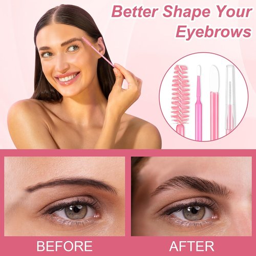 Skiennix 230 Pcs Pink Brow Lamination Supplies - Micro Eyebrow Spoolies & Disposable Lip Applicators Set
