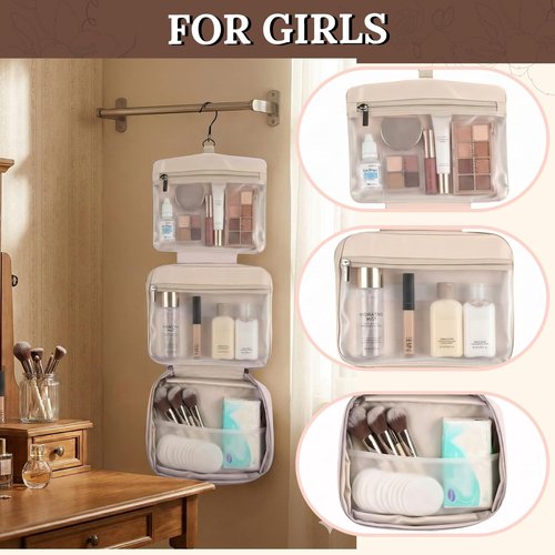 Qeauqsa Makeup Bag Organizer, Large Hanging Toiletry Bag for Women with Leakproof Compartments, Travel Cosmetic Case for Full Sized Toiletries & Brushes Travel Cosmetic Bag Cruise Essentials - Pink